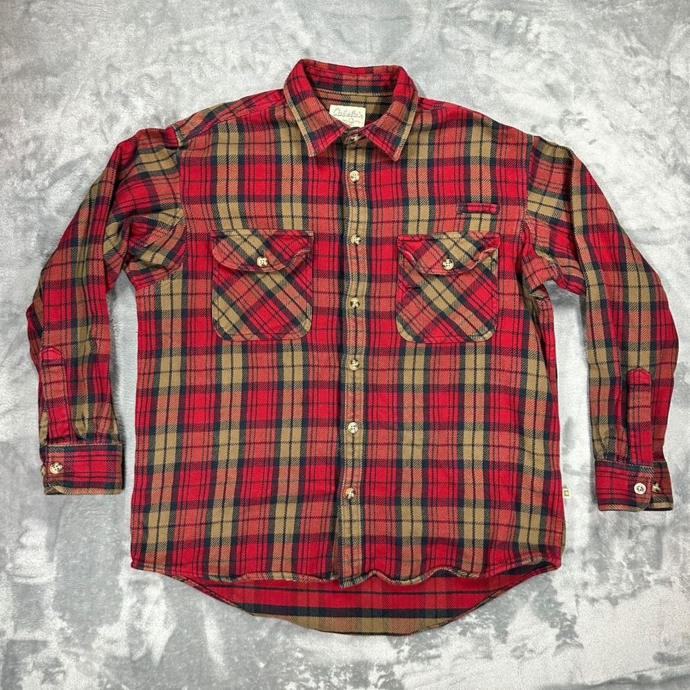 Cabelas Mens Large Red Tan Plaid Flannel Button Down Work Shirt 90-5857 L Reg